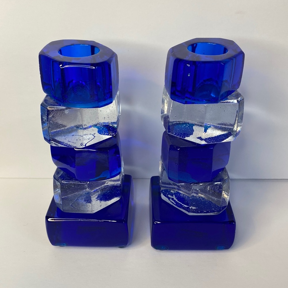 Cobalt Blue clear geometric glass candleholders handmade
